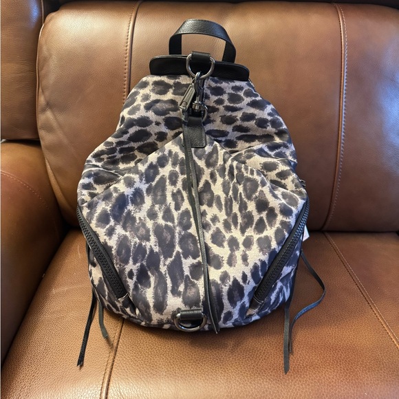 NWT Rebecca Minkoff Julian, mini leopard print backpack in black and gray nylon